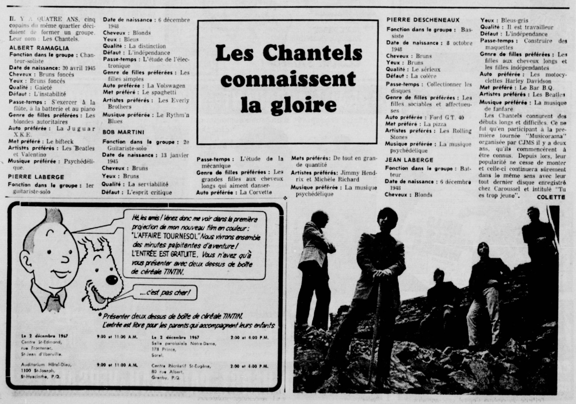 Les chantels connaissent la gloire dans La Patrie, novembre 1967.